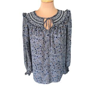 Max Studio Women's Floral Blouse Size XS Prairie Peasant Blue Ruffle Embroidered